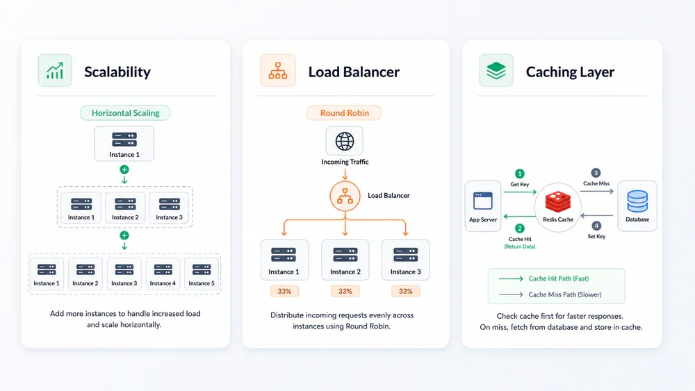 Scalability, Load Balancing và Caching architecture diagram