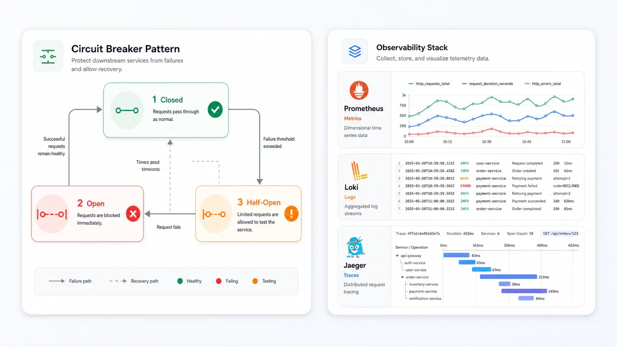 Circuit Breaker pattern và Observability stack diagram
