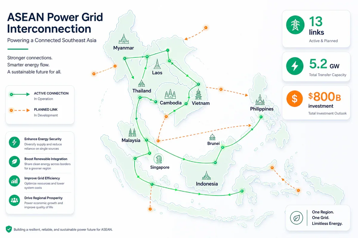 Bản đồ kết nối lưới điện ASEAN: 13 đường liên kết, 5.2 GW công suất, cần 800 tỷ USD đầu tư