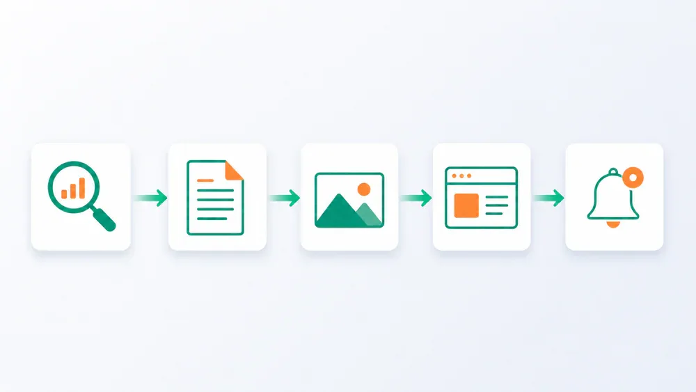 AI content automation workflow: Research, Write, Images, Publish, Notify