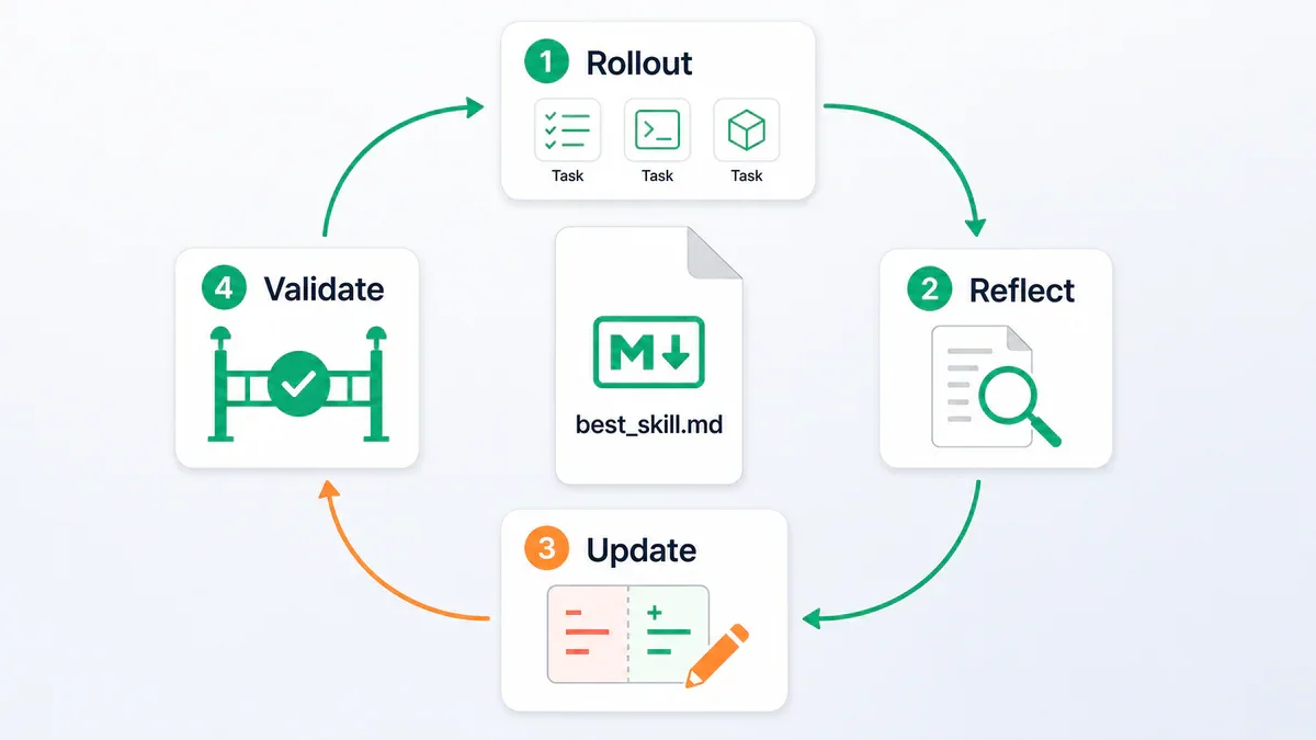 Vòng lặp Rollout Reflect Update Validate của SkillOpt