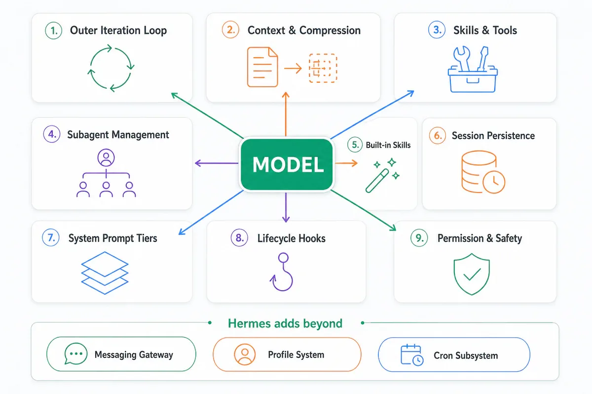 Sơ đồ 9 thành phần harness theo framework Arize cộng 3 subsystem mà Hermes thêm vào: messaging gateway, profile system, cron