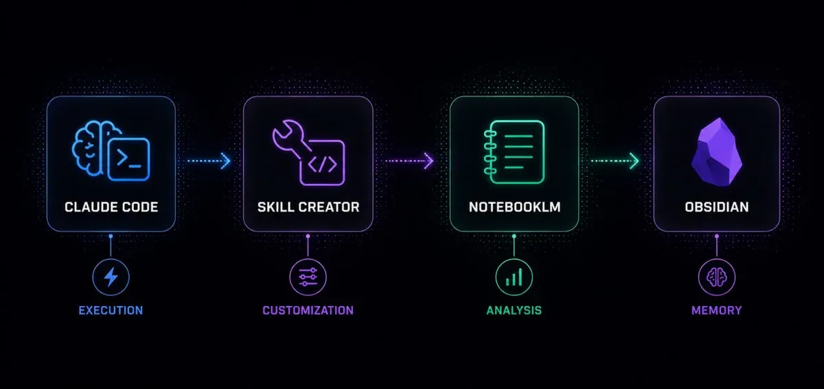 Sơ đồ stack: Claude Code (Execution) - Skill Creator (Customization) - NotebookLM (Analysis) - Obsidian (Memory)