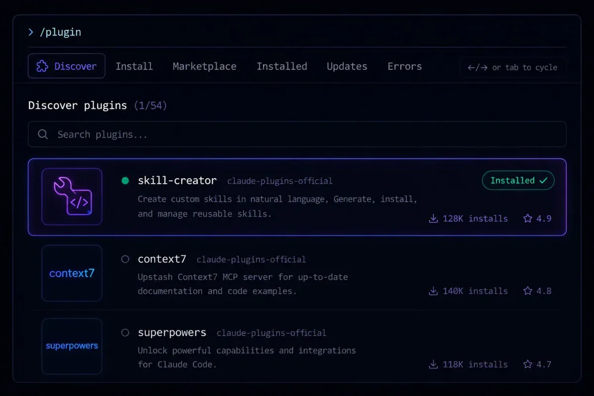 Claude Code plugin store - skill-creator đã cài với 128K installs và rating 4.9