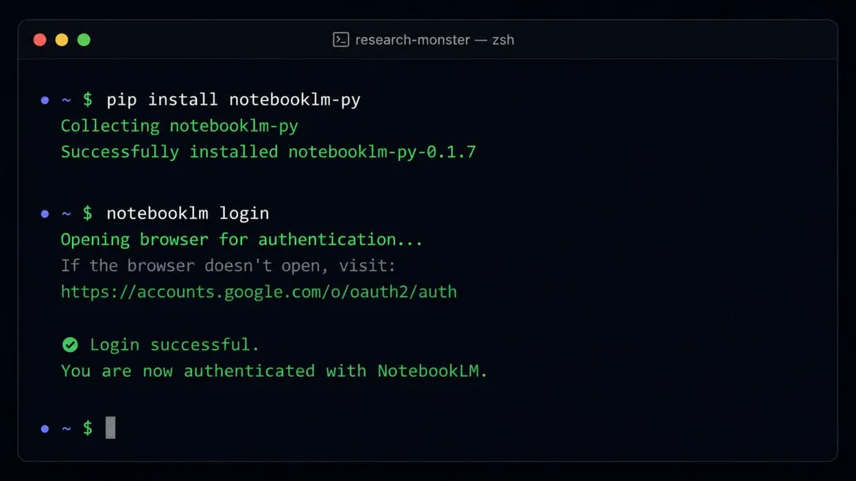 Terminal cho thấy quá trình pip install notebooklm-py và xác thực OAuth thành công