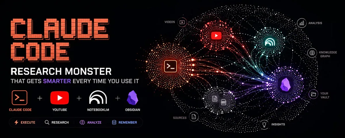 Banner Research Monster: Claude Code + YouTube + NotebookLM + Obsidian với bốn chức năng Execute, Research, Analyze, Remember