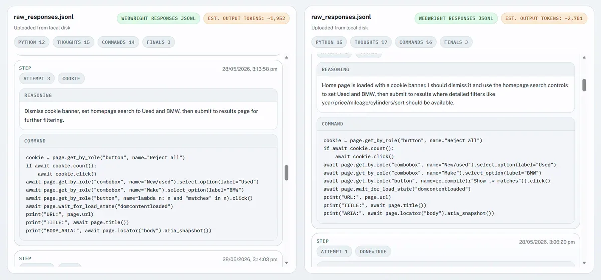 So sánh trajectory: Webwright (code-based) vs browser agent truyền thống (click-based)