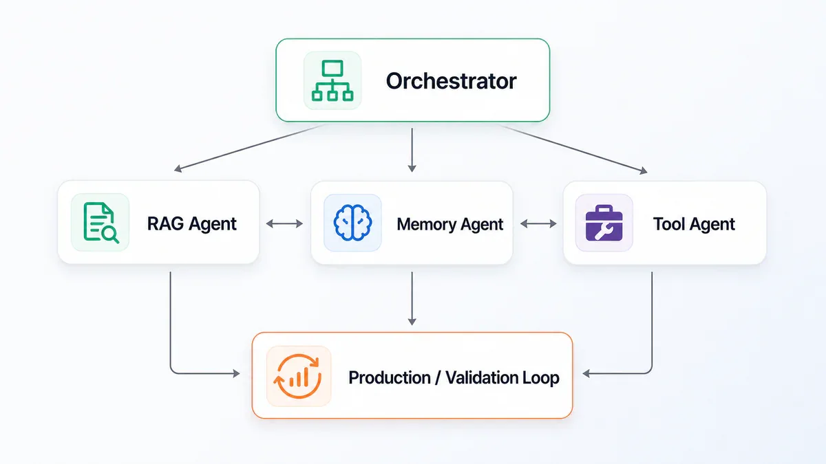 Kiến trúc multi-agent: Orchestrator điều phối RAG Agent, Memory Agent, Tool Agent qua Production Validation Loop