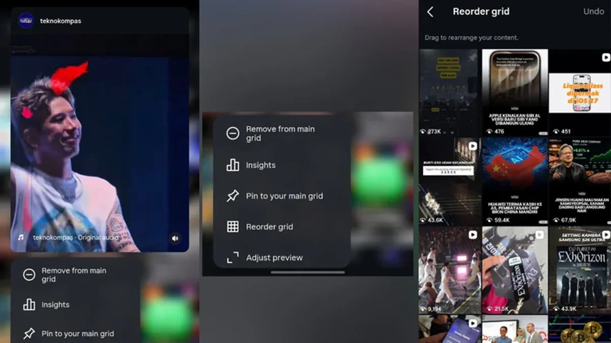 Menu Reorder Grid và màn hình kéo thả post trên Instagram