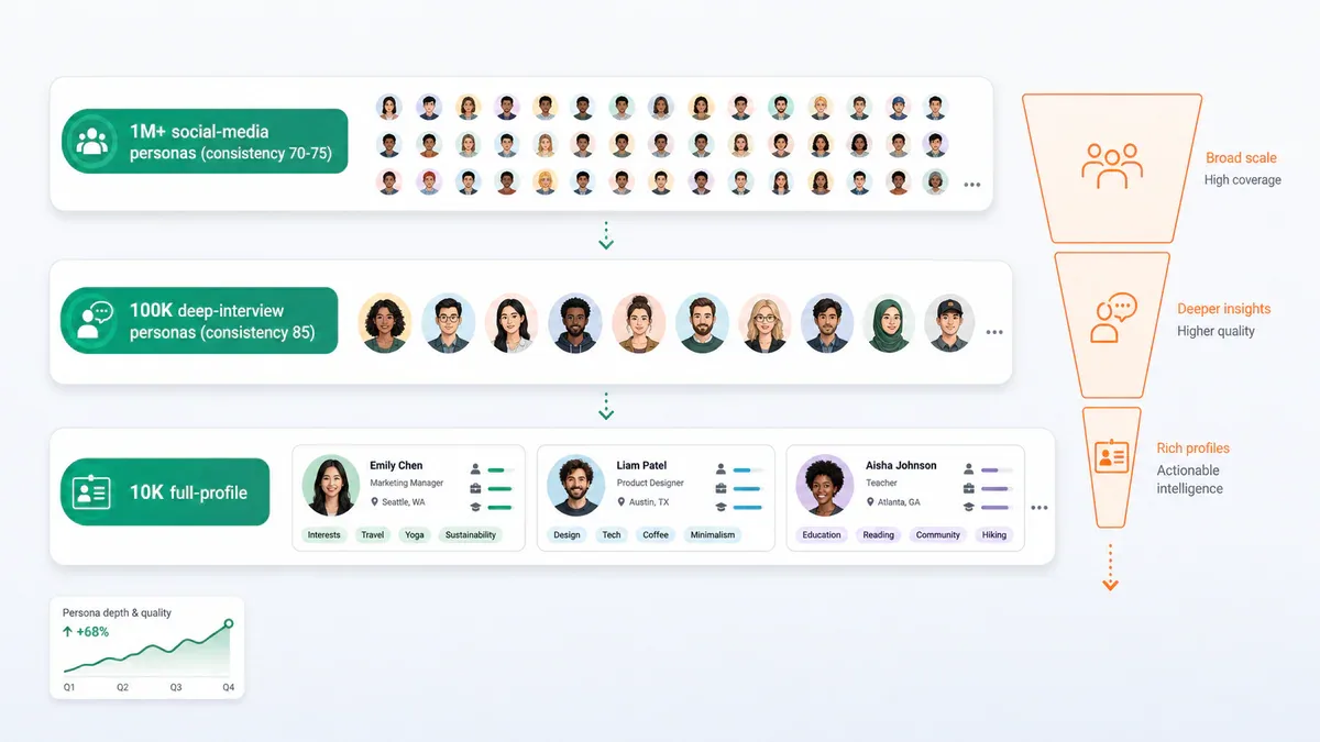 3 tầng persona của Atypica: 1M+ social, 100K deep-interview, 10K full-profile