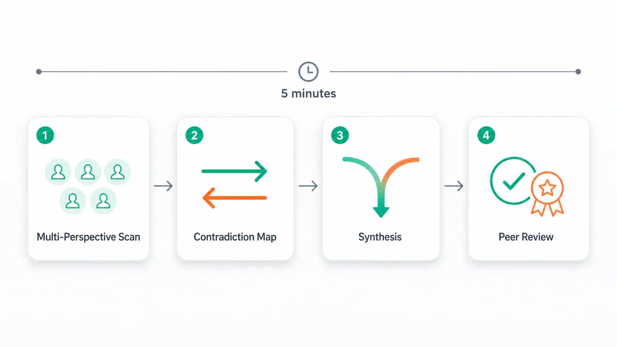 Quy trinh 4 prompt: Multi-Perspective Scan, Contradiction Map, Synthesis, Peer Review