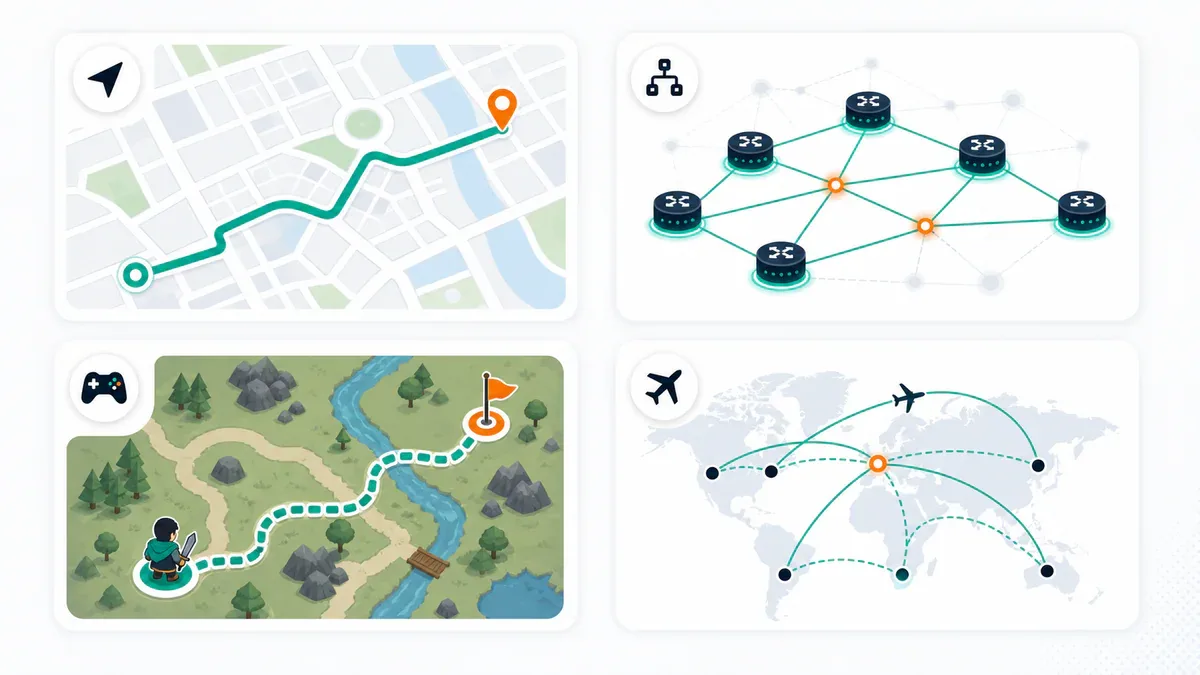 Bốn ứng dụng hiện đại của thuật toán Dijkstra: GPS, internet routing, game pathfinding, đặt vé máy bay