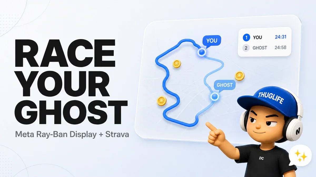 Race Your Ghost - mascot pointing at HUD demo on Meta Ray-Ban Display