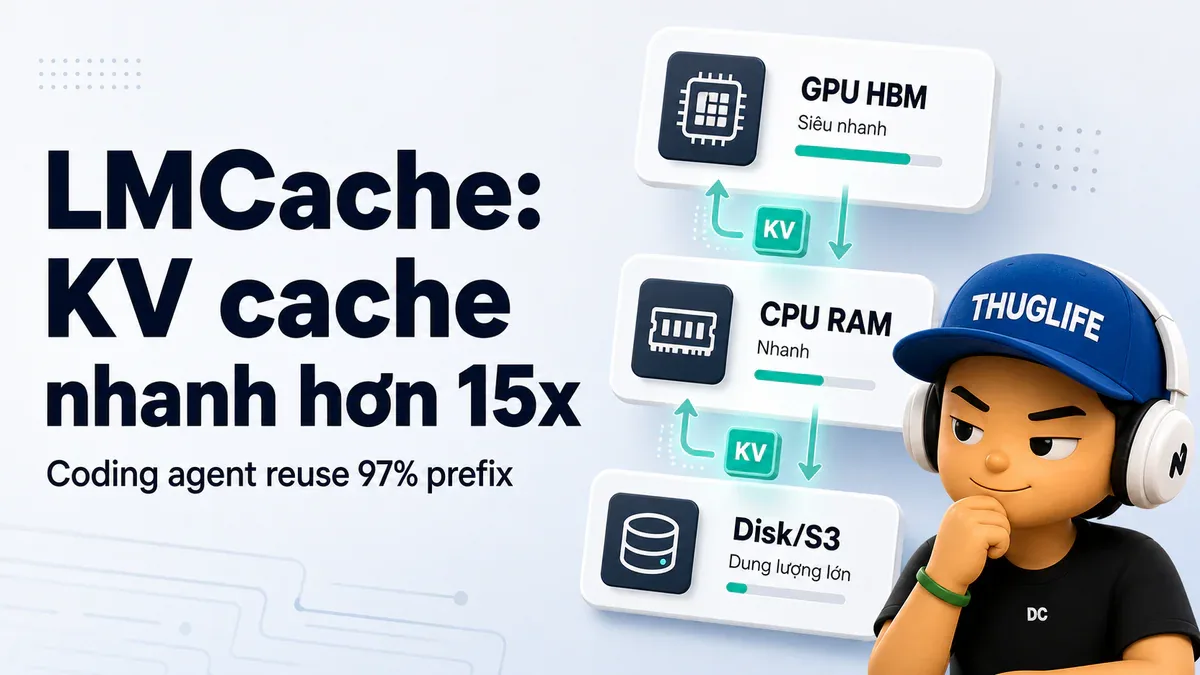 LMCache xếp KV cache tầng GPU HBM, CPU RAM, Disk/S3 cho coding agent