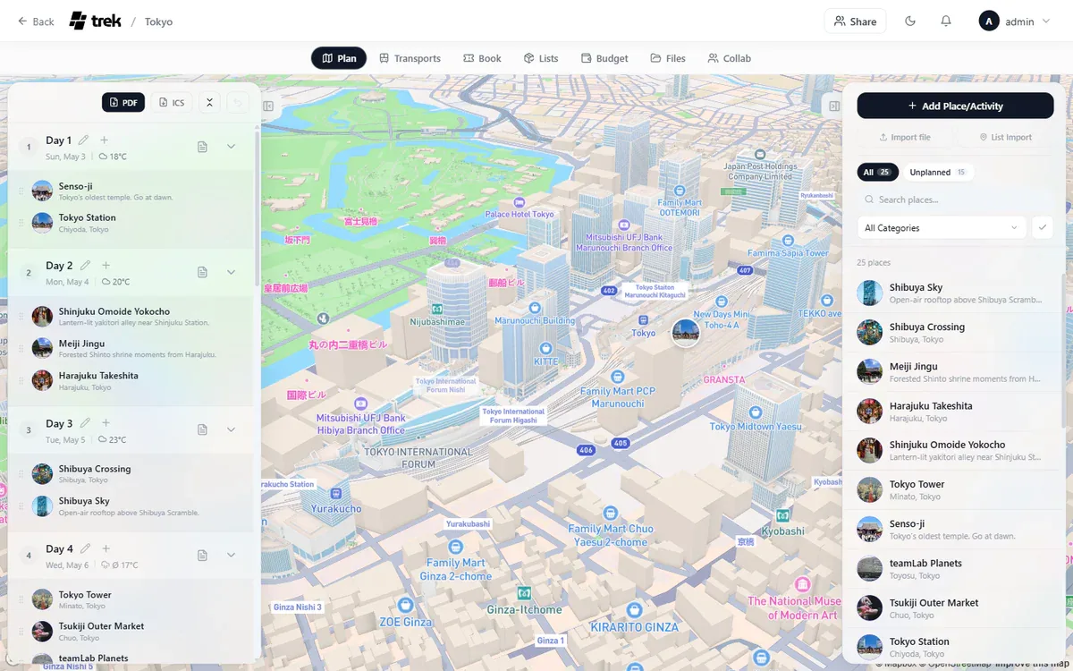 TREK trip planner với bản đồ 3D Mapbox GL và drag-drop day plan