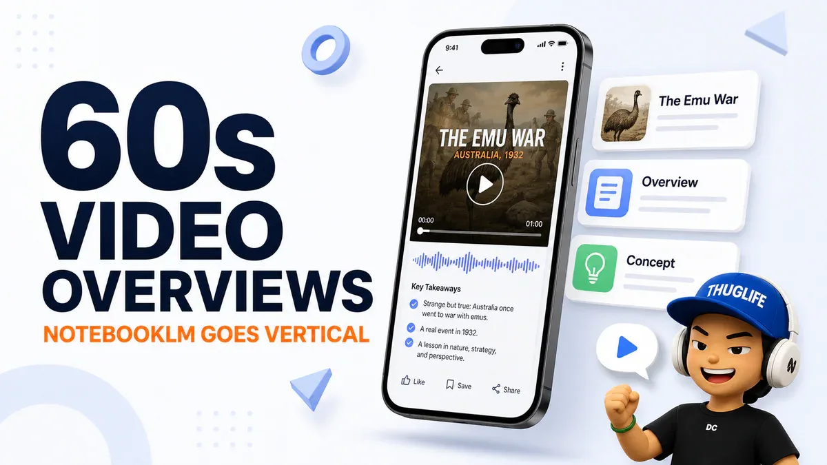 NotebookLM Short Video Overviews - 60 giây, vertical, mascot donniechu giơ tay chào