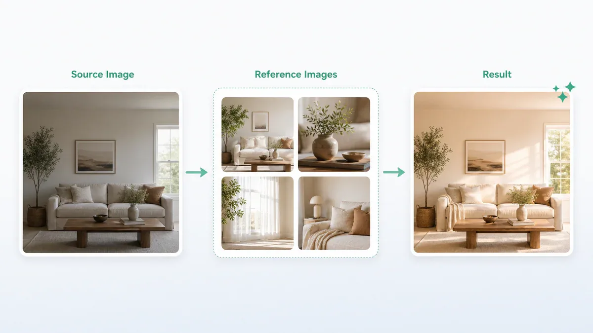 Workflow chỉnh sửa ảnh tham chiếu: Source Image + Reference Images = Result