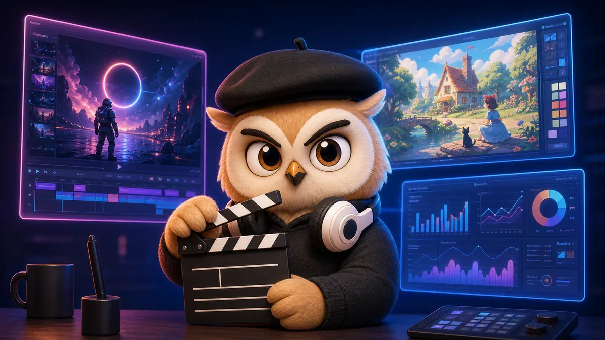 Mascot cú đội beret đạo diễn cầm clapperboard đứng giữa các màn hình đang render video sci-fi và anime