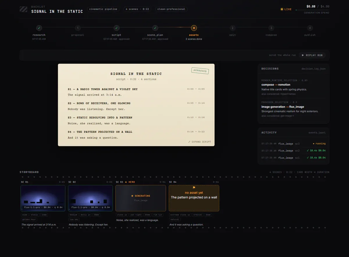 Backlot live board hiện các stage đang chạy và asset đang generate