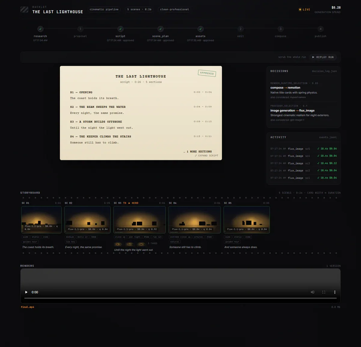 Backlot storyboard filmstrip với take và render option
