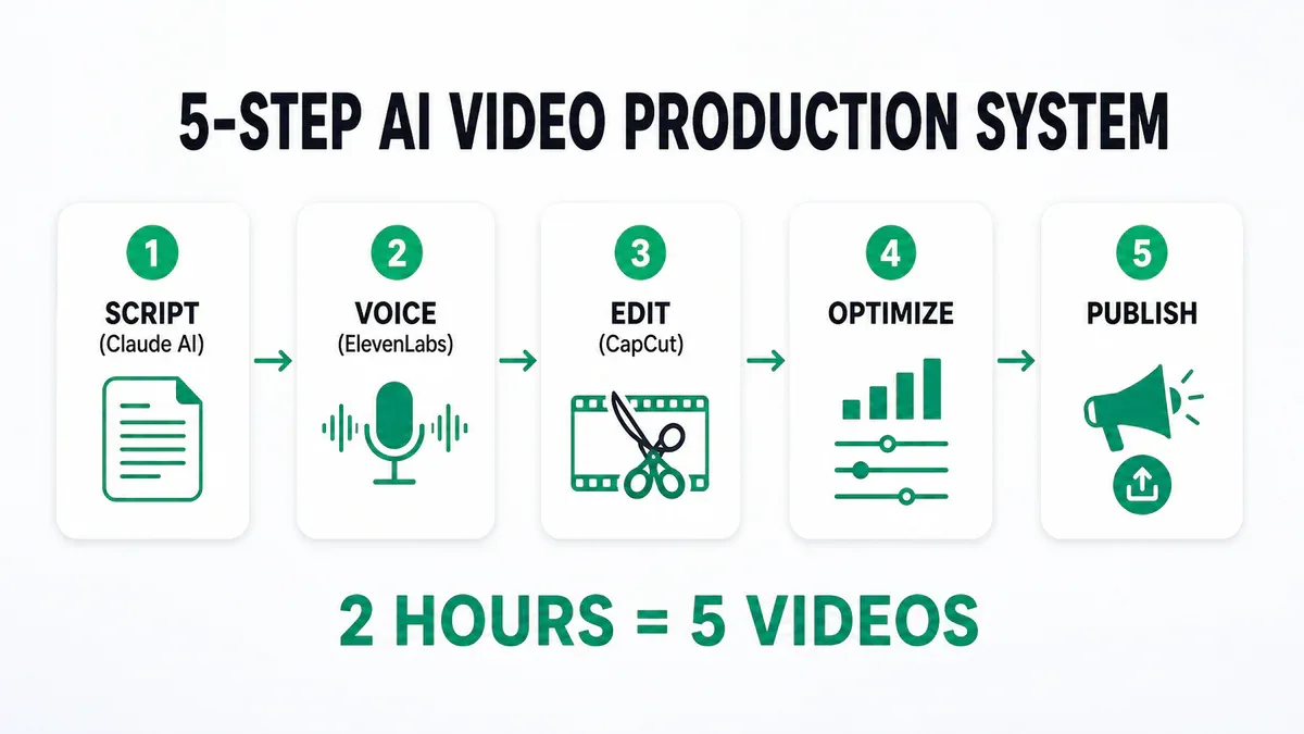 Hệ thống sản xuất 5 bước: Script - Voice - Edit - Optimize - Publish, 2 giờ = 5 video