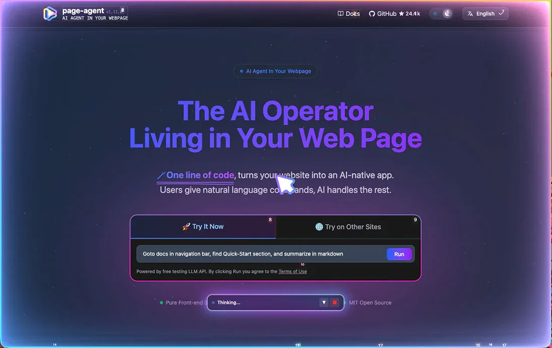 Demo Page Agent với giao diện chat nhúng vào trang web