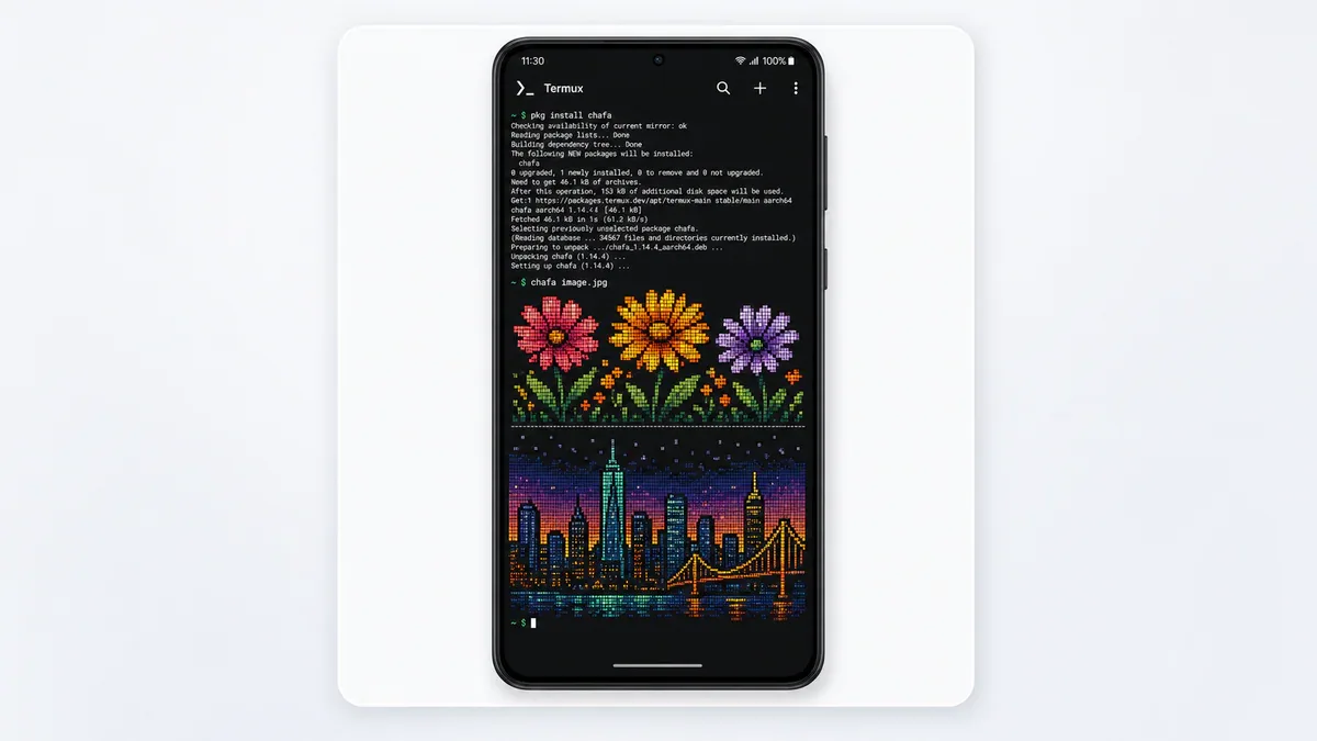 Termux terminal hiển thị lệnh pkg install chafa và kết quả chafa image.jpg với ảnh hoa và thành phố