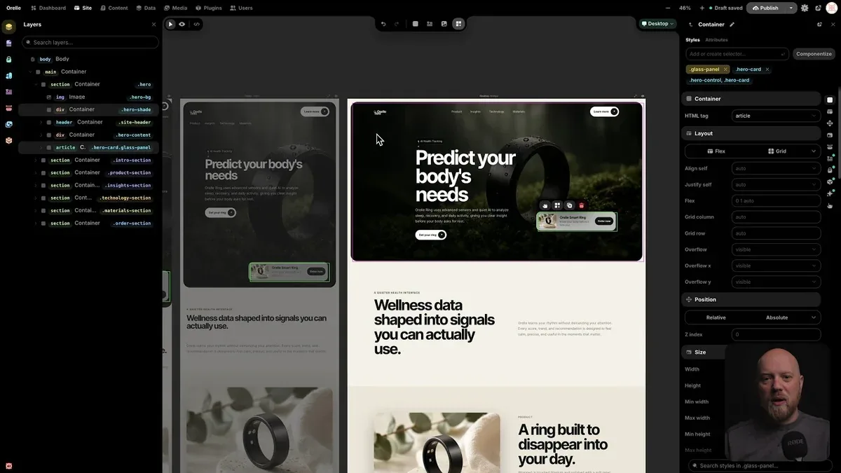 Instatic canvas editor - demo trang web health wearable với desktop và mobile breakpoints cạnh nhau
