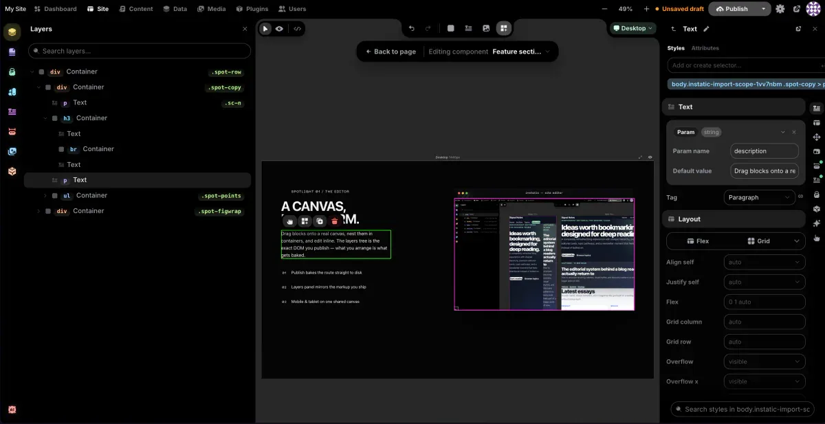 Visual Component editor - chỉnh Feature section với typed params và named slots