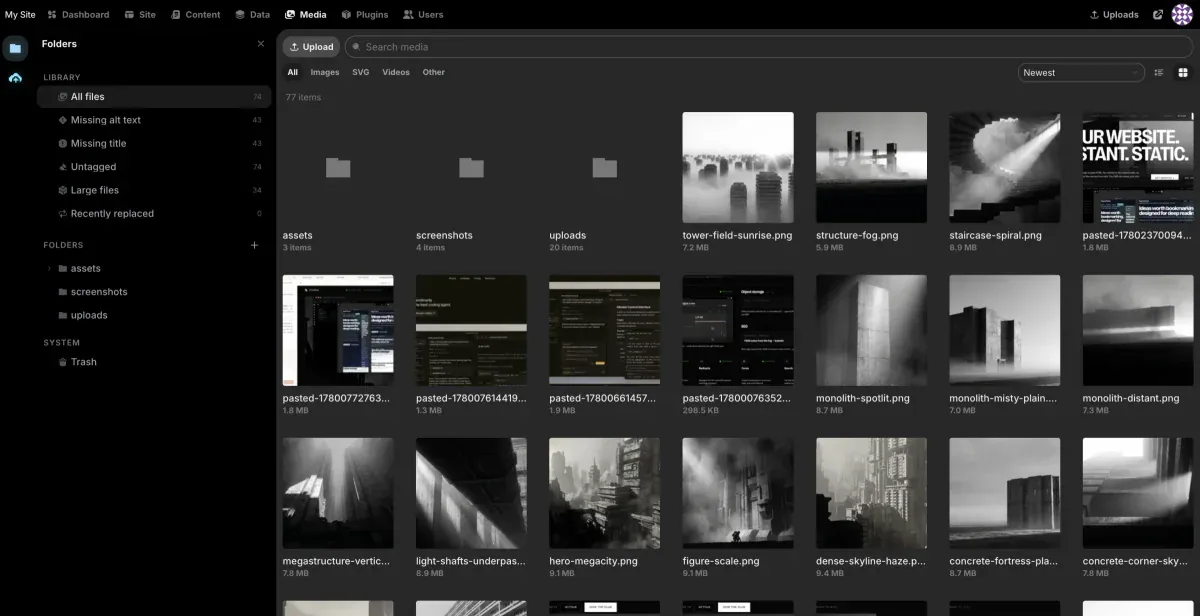 Instatic media workspace - file manager style với folders, smart folders, usage tracking