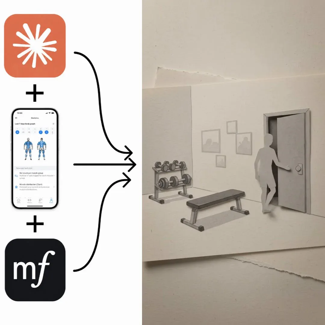 Quy trình: Claude + ảnh app Hevy + MaxFusion ra scene paper-collage gym