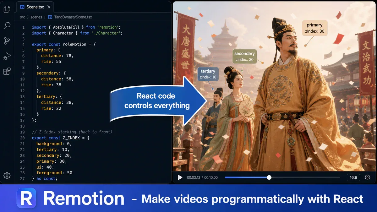 Remotion code với roleMotion object và z-index stacking, bên phải là preview animation Đường Triều