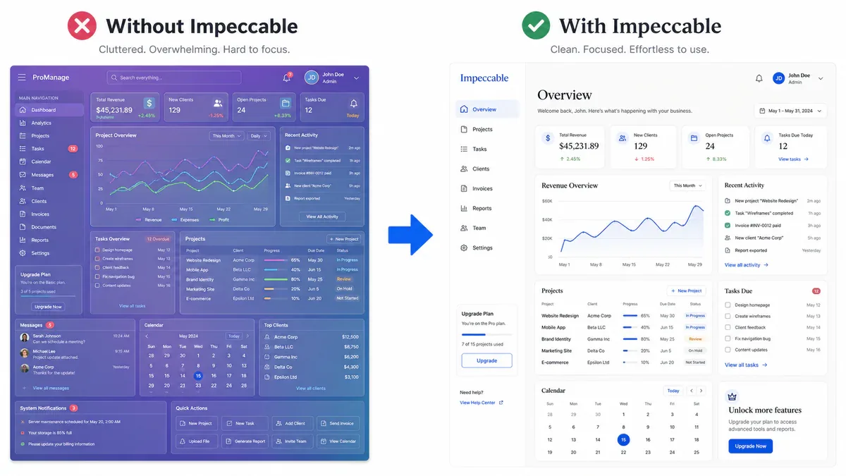 So sánh UI trước và sau khi dùng Impeccable