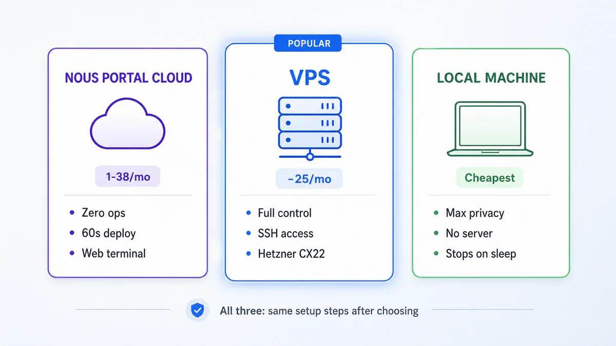 Ba lựa chọn deploy: Nous Portal Cloud, VPS, Local Machine