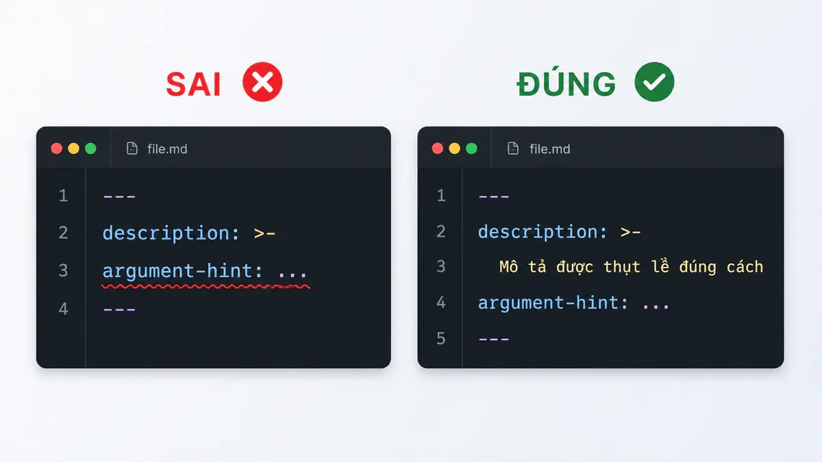 So sánh YAML frontmatter sai và đúng khi argument-hint lạc vào giữa block description