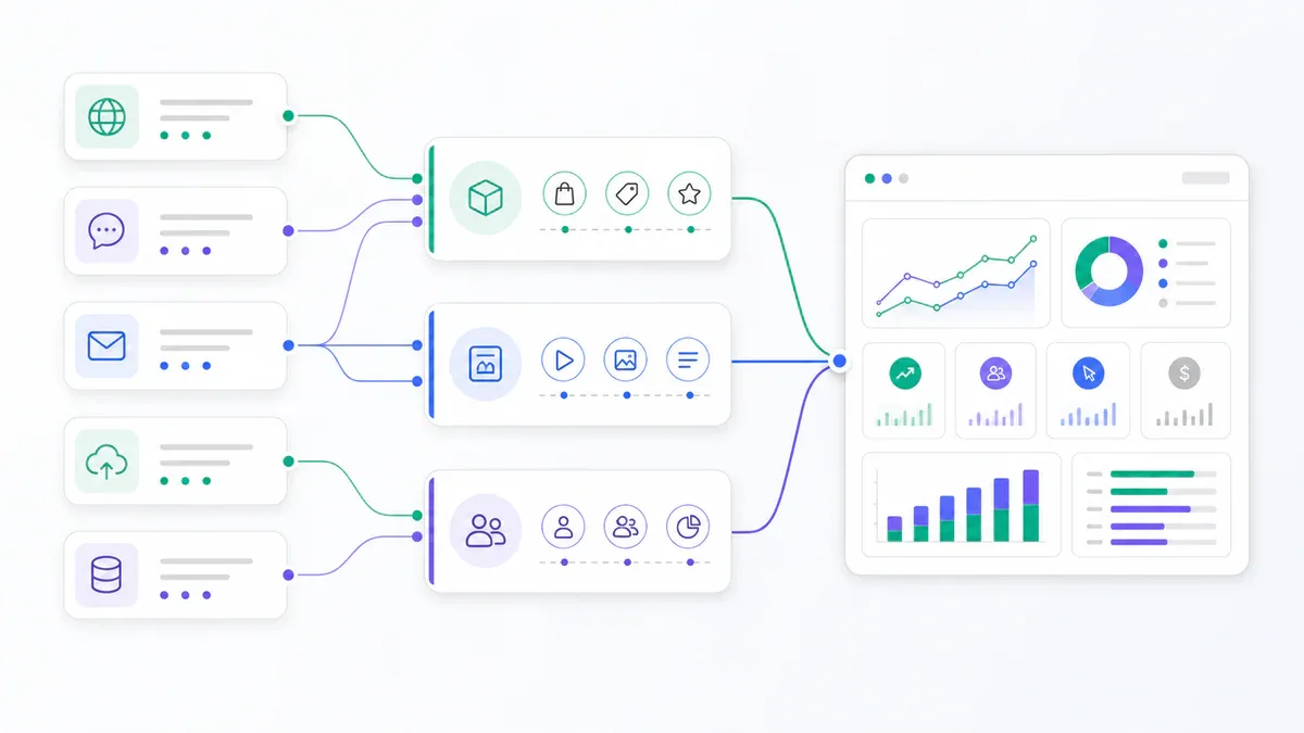 Sơ đồ nhóm dữ liệu từ nhiều kênh theo logic mapping về một dashboard cấp độ chiến dịch