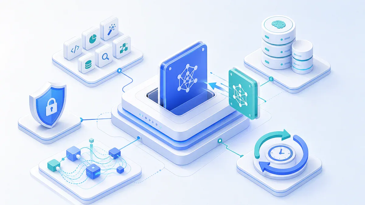 Minh họa hệ thống AI với model có thể thay thế, skill, memory, quyền hạn và tự động hóa