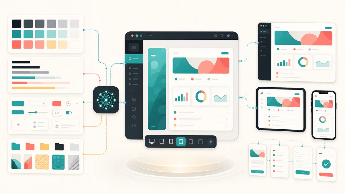 Minh họa design system cấp màu sắc, typography, component và layout cho canvas AI