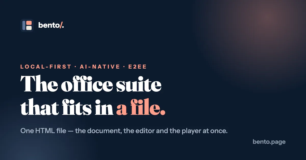 Ảnh quảng bá chính thức của bento.page với tagline the office suite that fits in a file