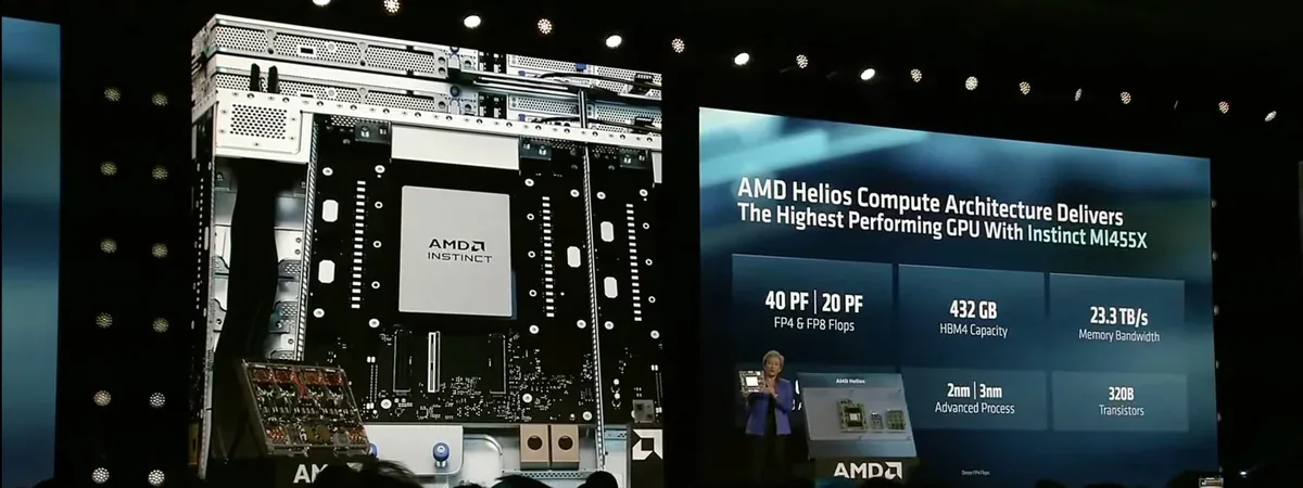 Bo mạch compute Helios và slide thông số MI455X trên sân khấu