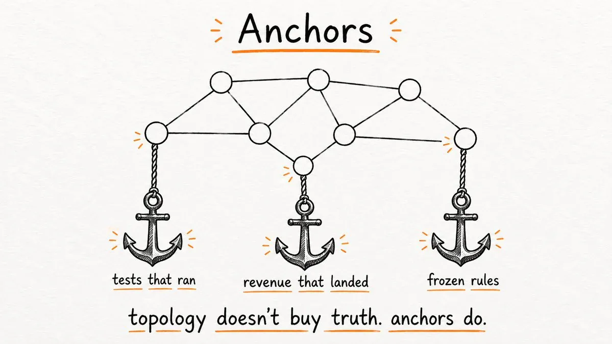 Anchors trong graph: tests that ran, revenue that landed, frozen rules