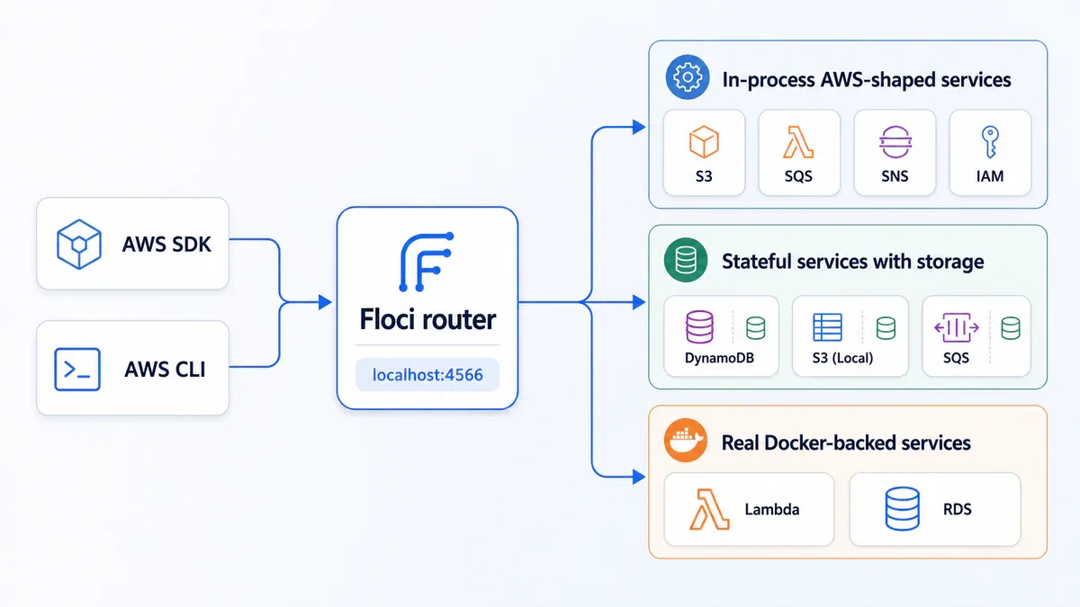 Sơ đồ kiến trúc Floci với router localhost:4566 và ba lớp dịch vụ